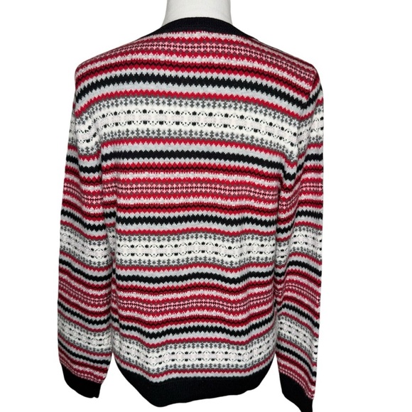 Talbots Fair Isle Cardigan Sweater Wool Blend Large Red White Black Gray Stripe - Picture 4 of 10